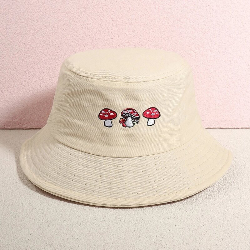 

Mushroom Embroidery Bucket Hat, Beige