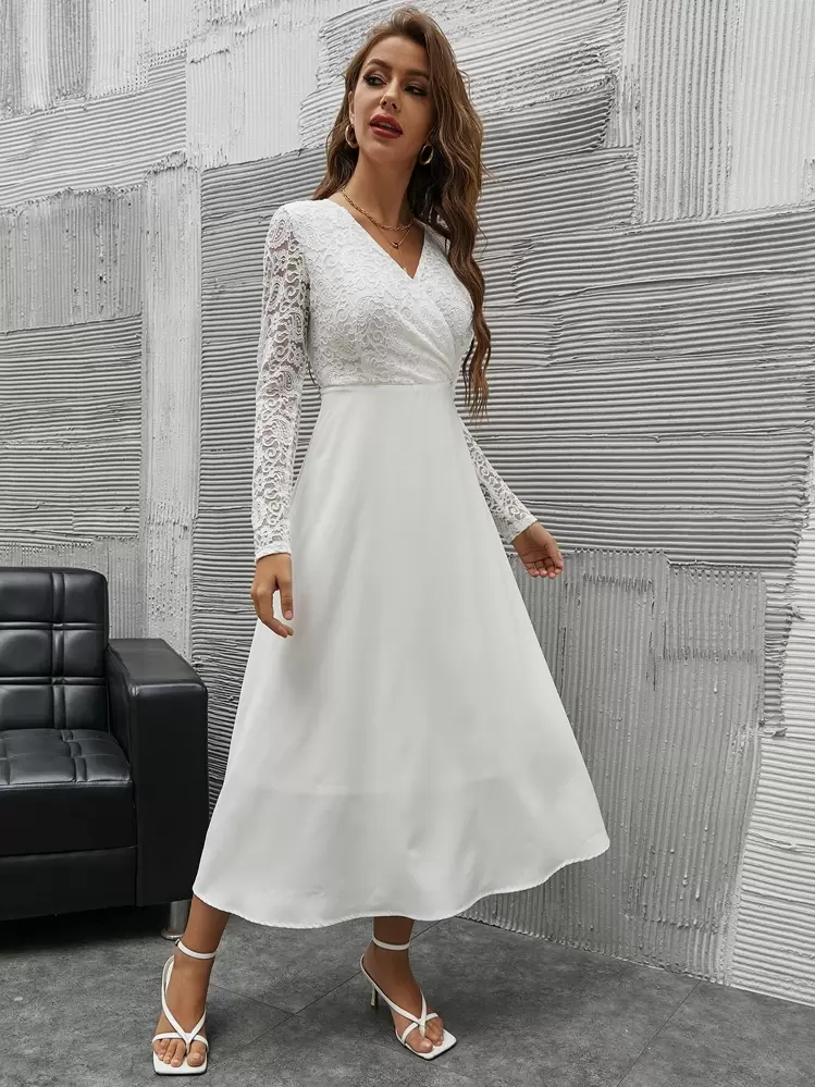 Modelyn Vestido línea A de cuello cruzado con encaje en contraste - Blanco - Añade 5