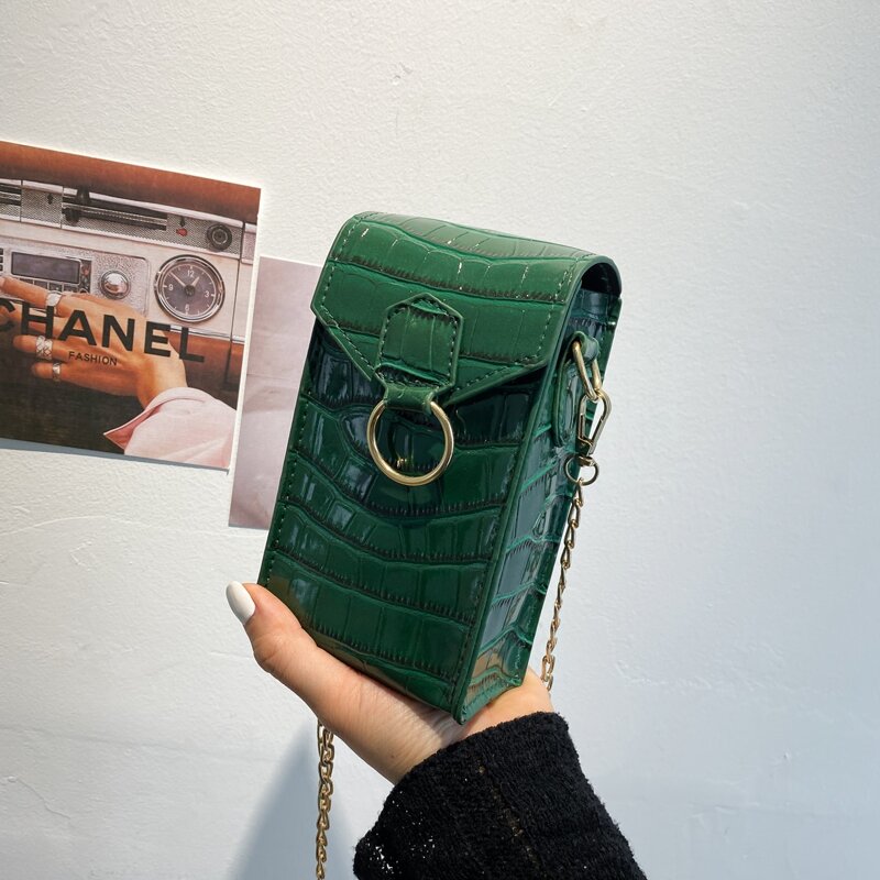 

Metal Decor Croc Embossed Flap Chain Bag, Green