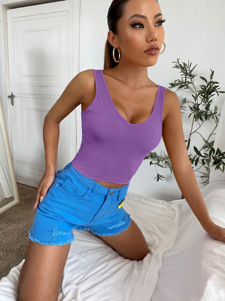 Chiquease V Neck Rib-Knit Crop Tank Top, Suitable For Summer - Purple - View 4