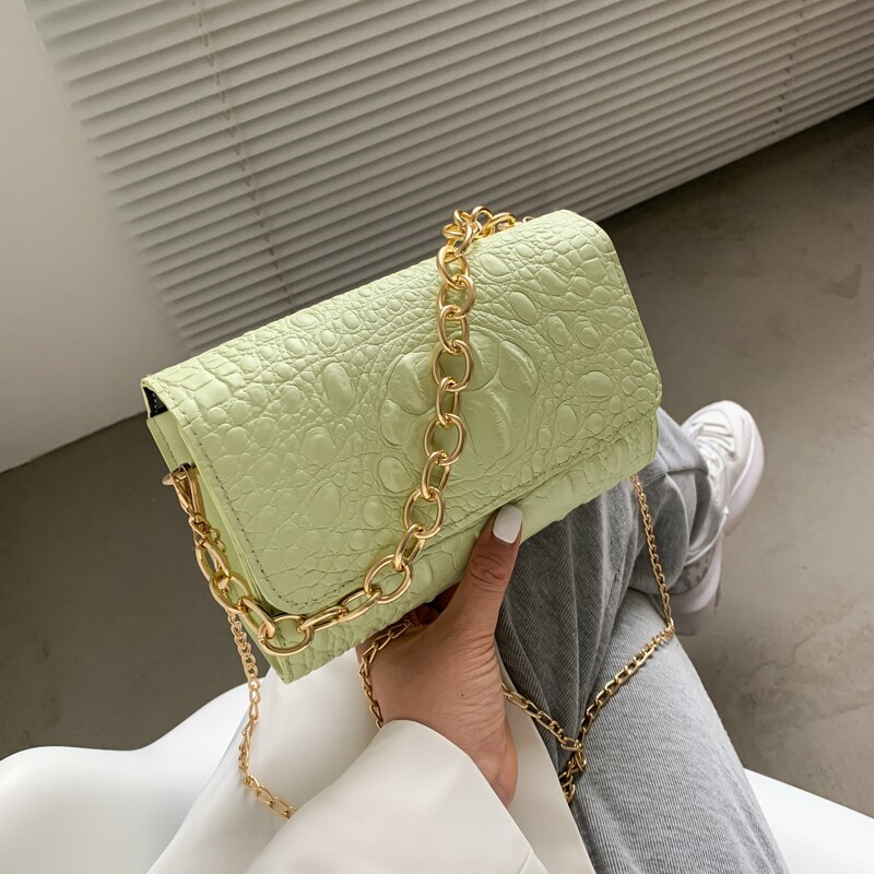 

Chain Decor Croc Embossed Flap Chain Bag, Green