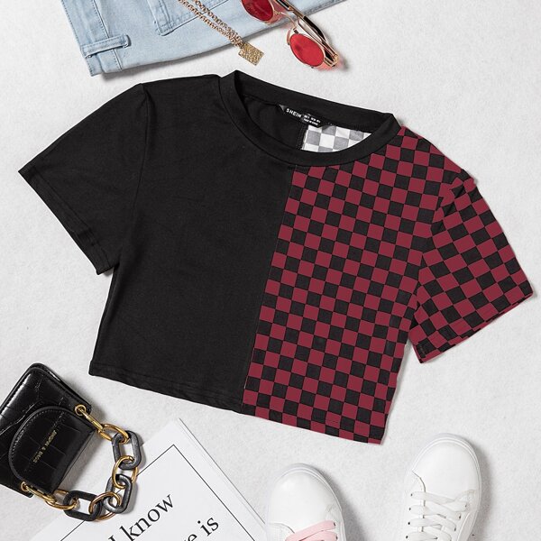 

Checker Spliced Crop Tee, Multicolor