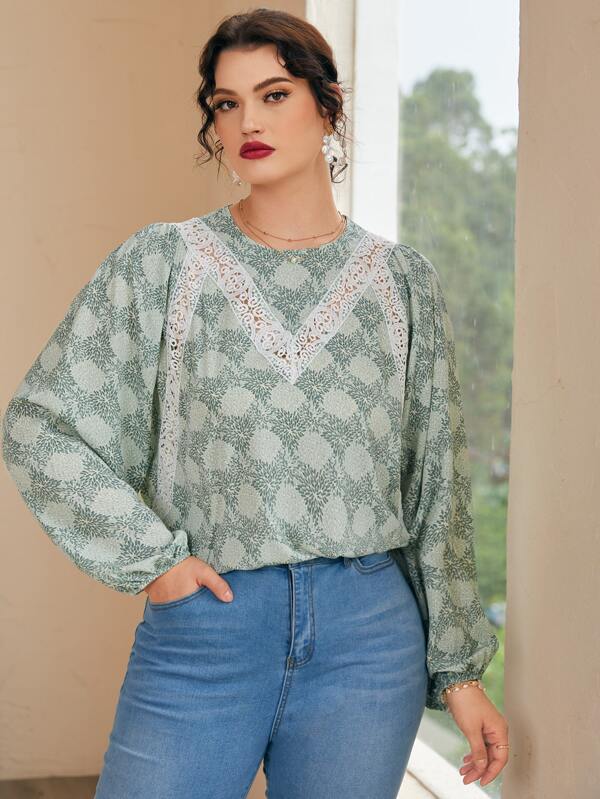 SHEIN Unity Plus All Over Print Lace Detail Blouse