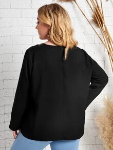 SHEIN Plus Solid Lace Trim V Neck Top - Black - View 2