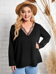 SHEIN Plus Solid Lace Trim V Neck Top - Black - View 5