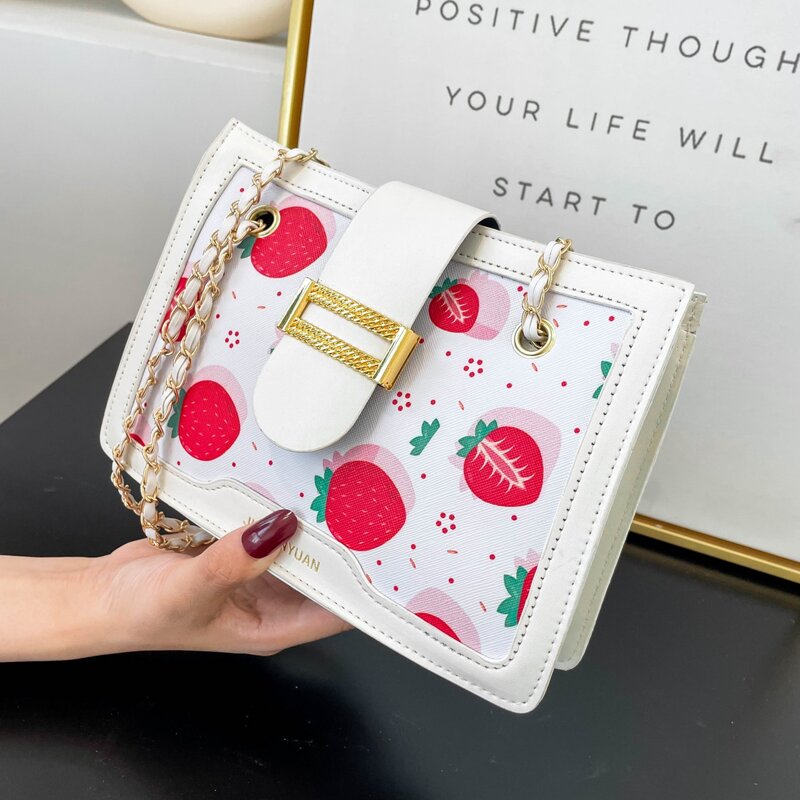 

Strawberry Graphic Push Lock Chain Bag, White