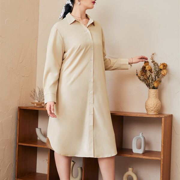 

Plus Drop Shoulder Button Through Shirt Dress, Apricot