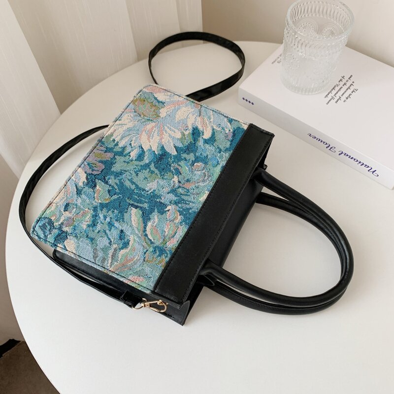

Double Handle Floral Pattern Satchel Bag, Black