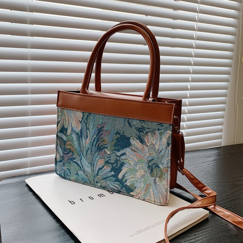 

Double Handle Floral Pattern Satchel Bag, Brown