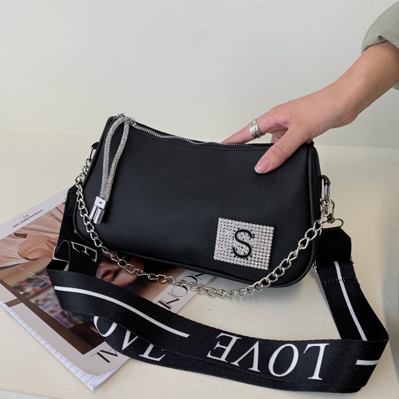 

Rhinestone Decor Satchel Bag, Black