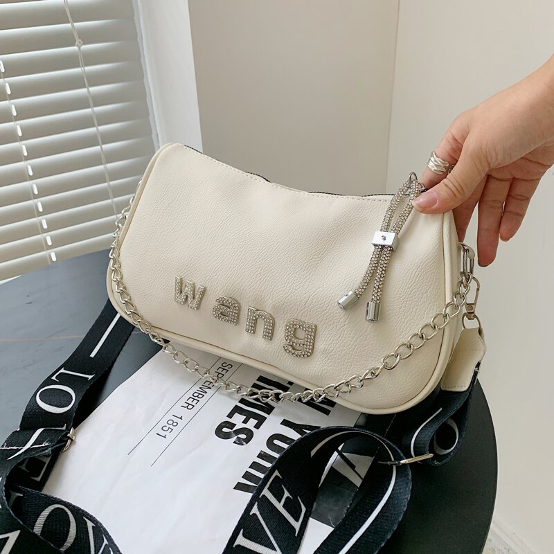 

Metal Letter Decor Satchel Bag, White