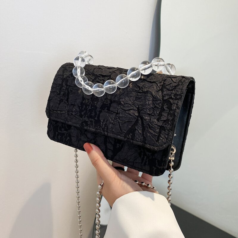 

Crinkle Flap Bead Strap Bag, Black