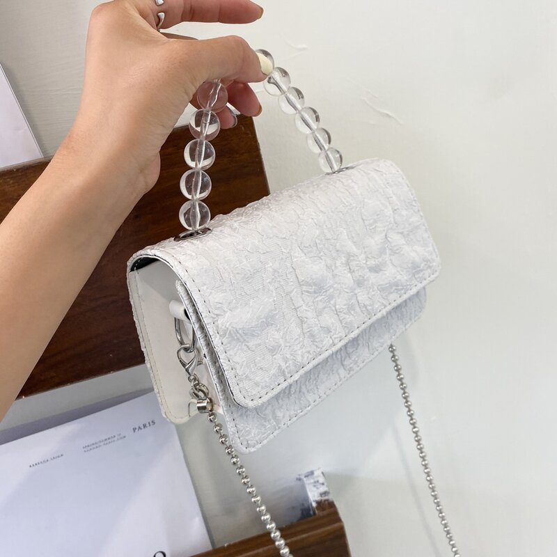 

Crinkle Flap Beaded Strap Satchel Bag, White