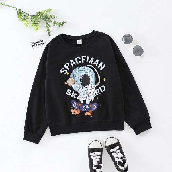 

Boys Letter & Astronaut Print Sweatshirt, Black