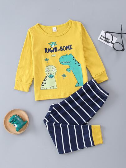 男孩字母和恐龍印花T恤和條紋圖案長褲
