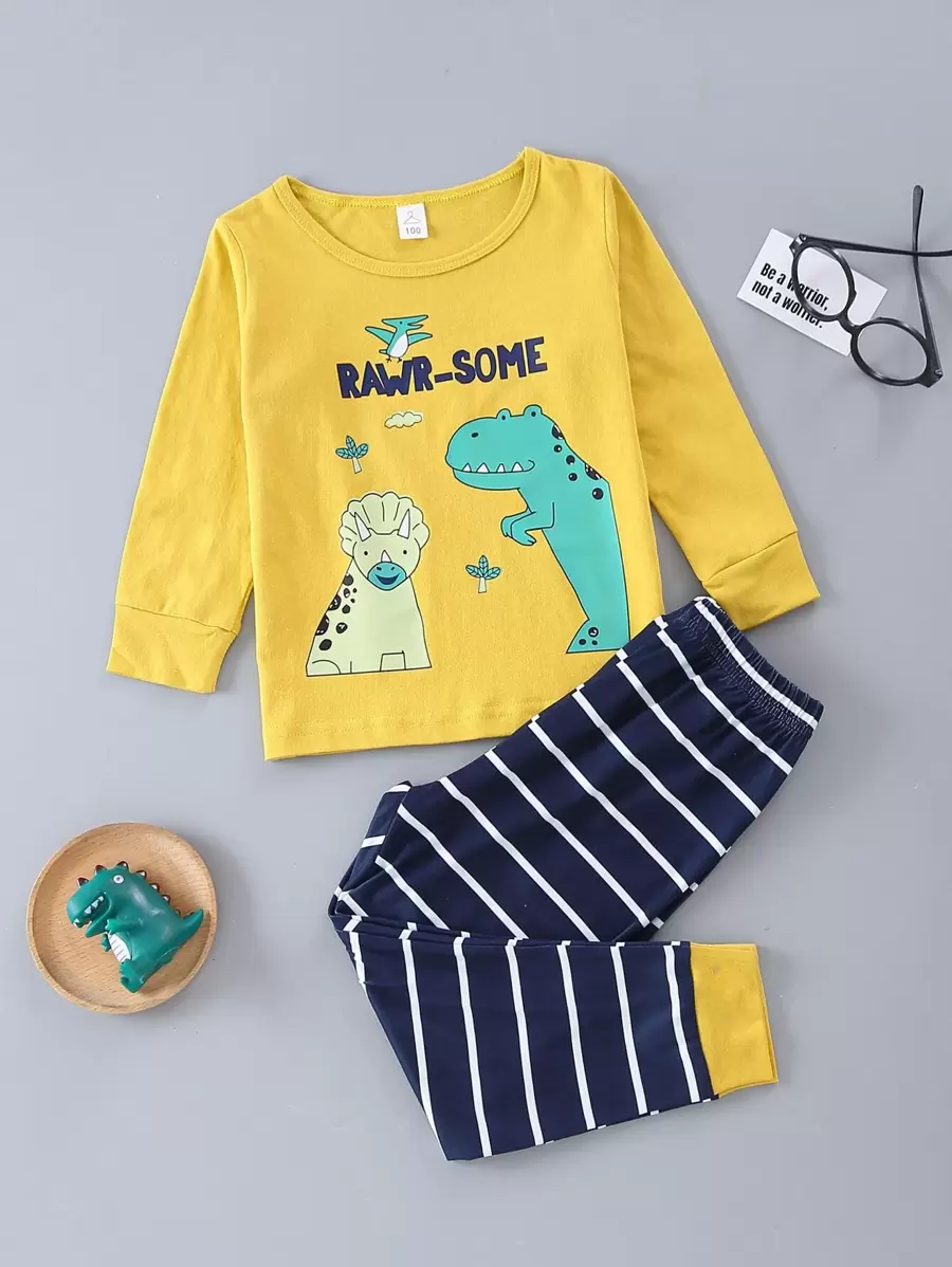 男孩字母和恐龍印花T恤和條紋圖案長褲 - 彩色 - 查看 1