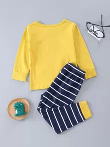 男孩字母和恐龍印花T恤和條紋圖案長褲 - 彩色 - 查看 2