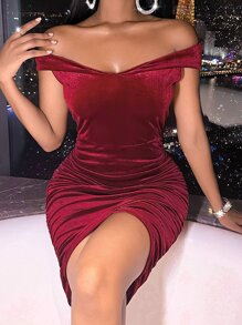 SHEIN SXY Solid Velvet Bodycon Bardot Dress - Burgundy - View 1