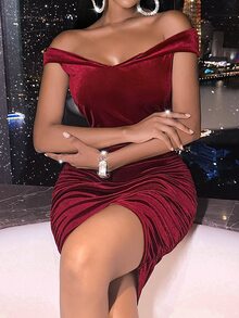 SHEIN SXY Solid Velvet Bodycon Bardot Dress - Burgundy - View 6