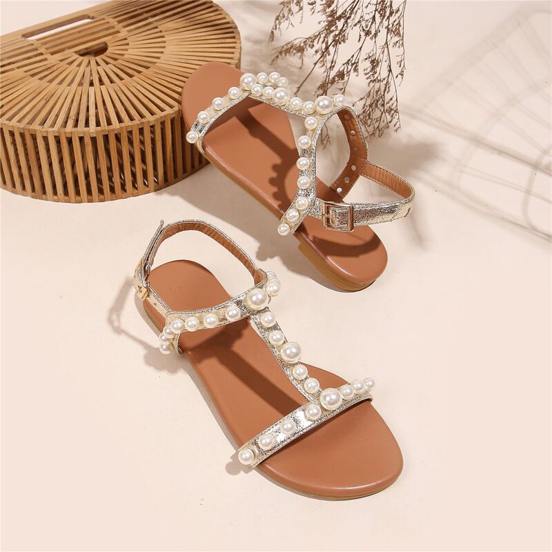 

Faux Pearl Decor Flat Sandals, Gold