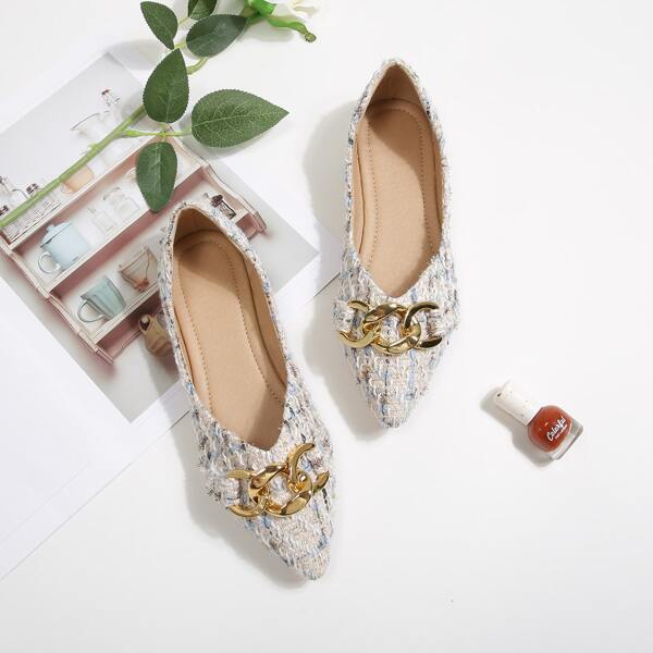 

Chain Decor Plaid Ballet Flats, Beige