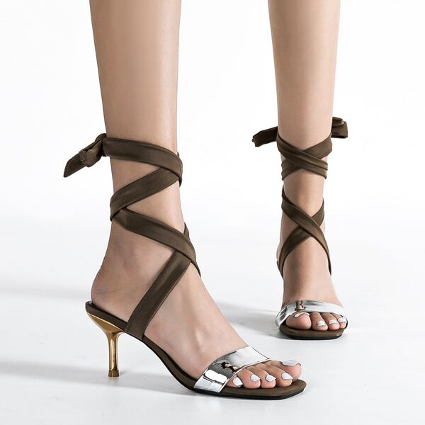 

Metallic Stiletto Heeled Gladiator Sandals, Khaki