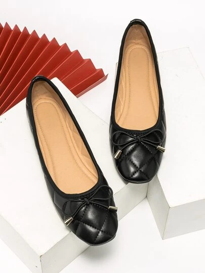 2025 Autumn Women Quilted Embossed Bow Decor Black Ballet Flats Valentines