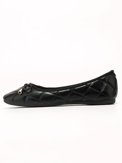 2025 Autumn Women Quilted Embossed Bow Decor Black Ballet Flats Valentines