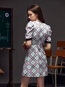 YEARS 格紋印花褶邊泡泡袖連衣裙 - 彩色 - 查看 2