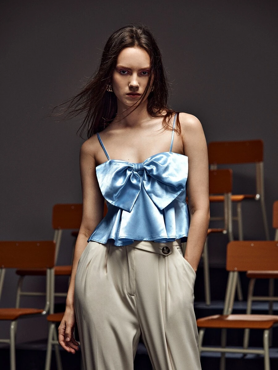 YEARS Bow Front Shirred Back Ruffle Hem Cami Top - Blue - View 1