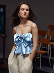 YEARS Bow Front Shirred Back Ruffle Hem Cami Top - Blue - View 4