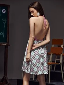 YEARS Plaid Print Open Back Halter Dress - Multicolor - View 2