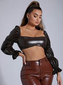 SHEIN SXY 方領素色荷葉袖PU皮革上衣 - 巧克力棕 - 查看 4