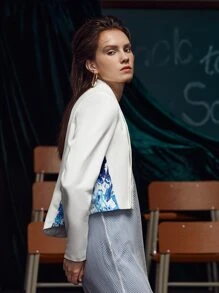 Ishara Gamage Graphic Print Shawl Collar Open Front High Low Hem Blazer - White - View 4