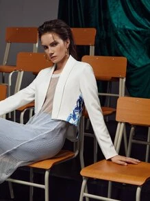 Ishara Gamage Graphic Print Shawl Collar Open Front High Low Hem Blazer - White - View 5