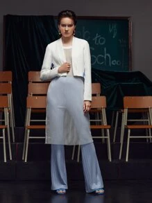 Ishara Gamage Graphic Print Shawl Collar Open Front High Low Hem Blazer - White - View 6