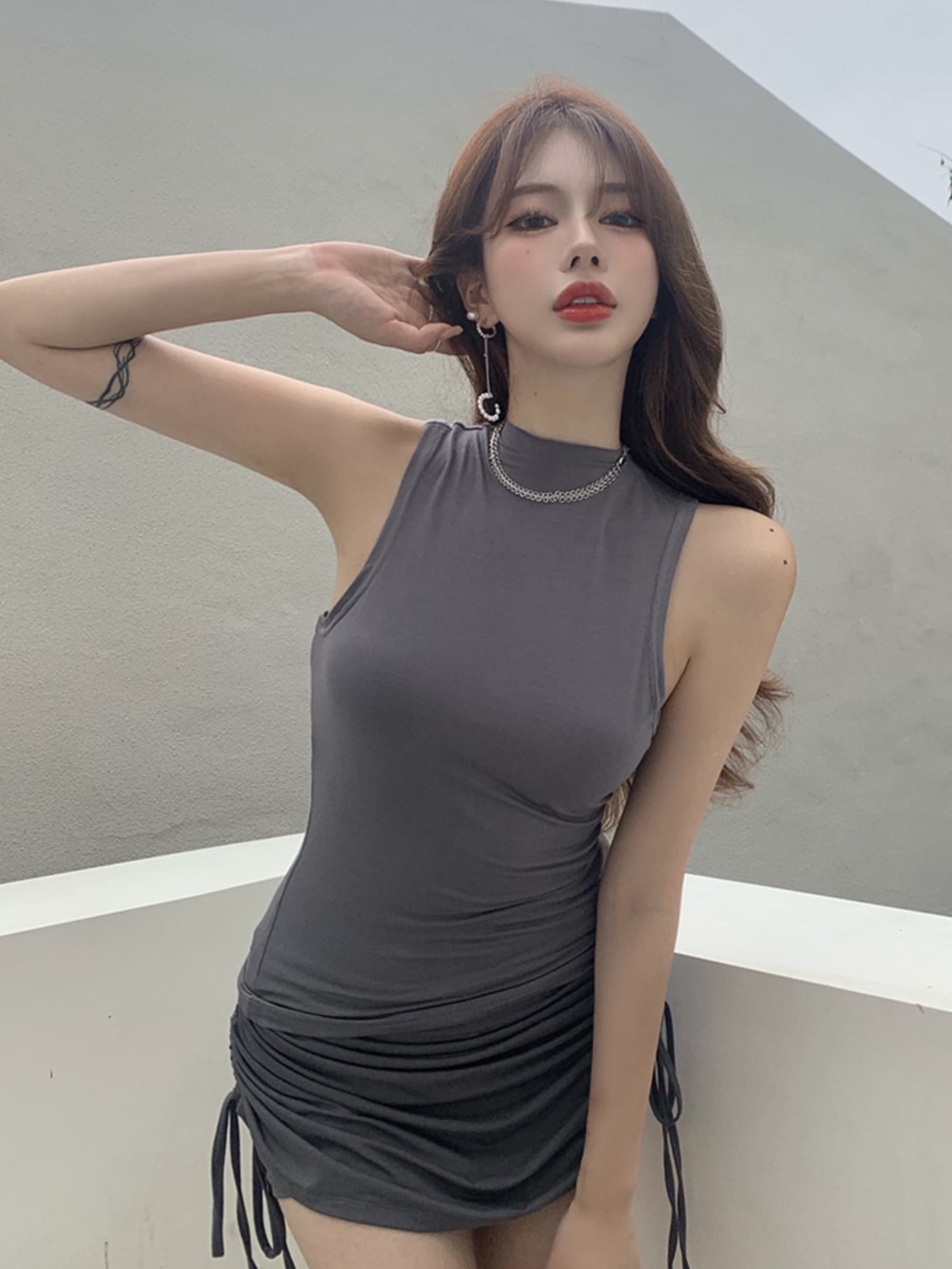 Solid Mock Neck Tank Top - Grey - View 1