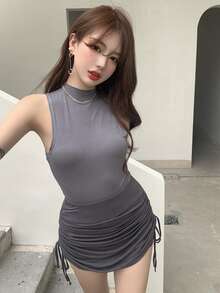 Solid Mock Neck Tank Top - Grey - View 3