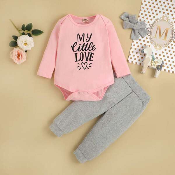 

Baby Heart And Slogan Graphic Bodysuit & Sweatpants & Headband, Multicolor