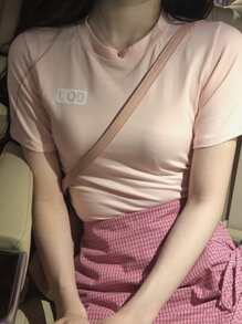 Letter Graphic Slim Crop Tee - Baby Pink - View 1