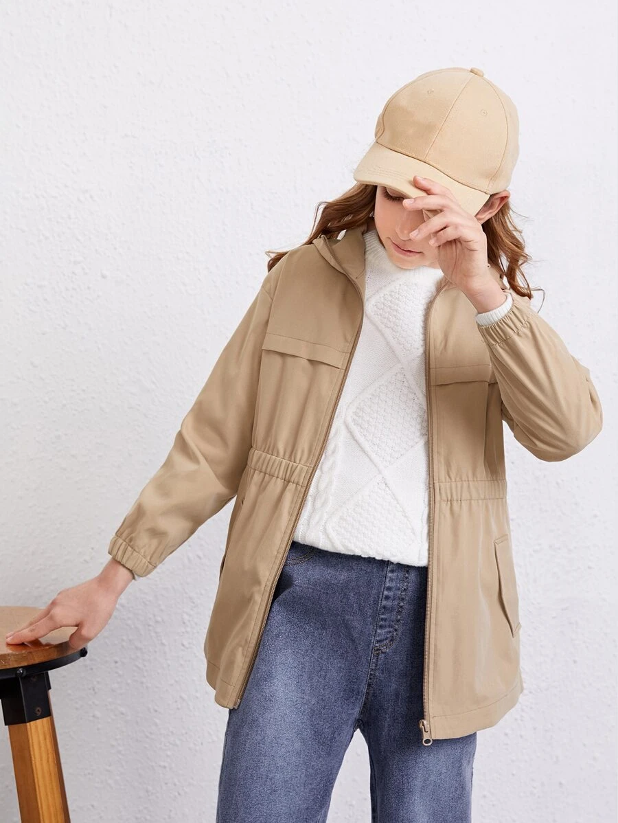 Girls Solid Zipper Up Hooded Coat - Mocha Brown - View 1