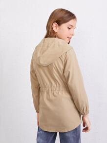 Girls Solid Zipper Up Hooded Coat - Mocha Brown - View 2