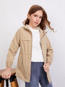 Girls Solid Zipper Up Hooded Coat - Mocha Brown - View 4