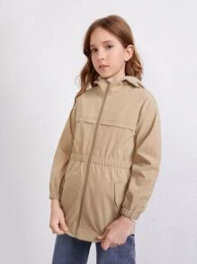 Girls Solid Zipper Up Hooded Coat - Mocha Brown - View 5