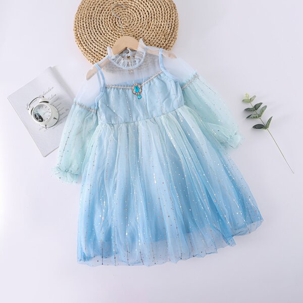 

Girls Ruffle Neck Flounce Sleeve Rhinestone Mesh Party Dress, Blue