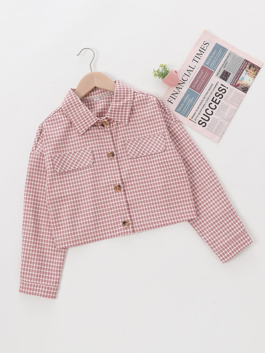 Girls Plaid Print Flap Detail Jacket - Dusty Pink - View 1