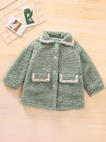 Girls Pearls Beaded Contrast Trim Fleece Coat - Green - View 1