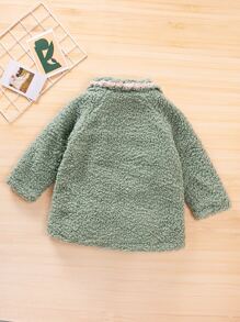 Girls Pearls Beaded Contrast Trim Fleece Coat - Green - View 2