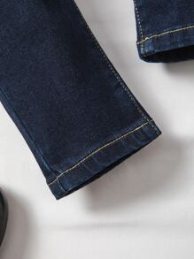 Young Boy Neutral Retro All-Match Five-Pocket Straight-Leg Jeans With Whiskering, Casual Simple College Style, Everyday Versatile Fashion Item - Dark Wash - View 3