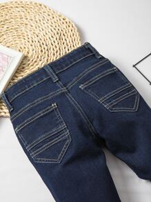 Young Boy Neutral Retro All-Match Five-Pocket Straight-Leg Jeans With Whiskering, Casual Simple College Style, Everyday Versatile Fashion Item - Dark Wash - View 6